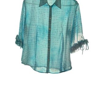 dressbarn Sheer Teal Button-Down Blouse with Ruffle Tie Sleeves